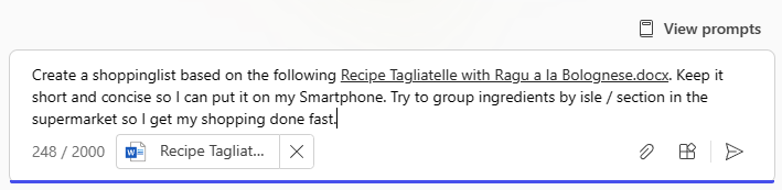 Figure 4: Copilot prompt for a shopping list based on a word file / recipe