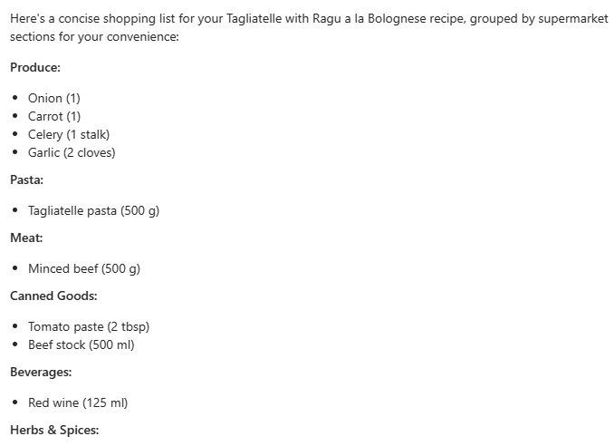 Figure 5: Copilot result of a shopping list based on the previous prompt